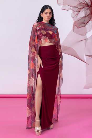 Buy_Vesture_Maroon Lycra, Mesh Off-shoulder Gulnaar Print Cape And Slit Skirt Set _at_Aza_Fashions