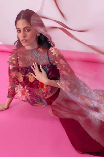 Shop_Vesture_Maroon Lycra, Mesh Off-shoulder Gulnaar Print Cape And Slit Skirt Set _Online_at_Aza_Fashions