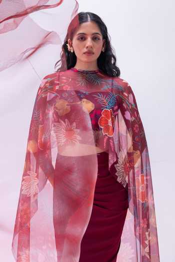 Vesture_Maroon Lycra, Mesh Off-shoulder Gulnaar Print Cape And Slit Skirt Set _at_Aza_Fashions