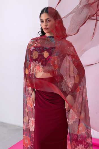 Buy_Vesture_Maroon Lycra, Mesh Off-shoulder Gulnaar Print Cape And Slit Skirt Set 