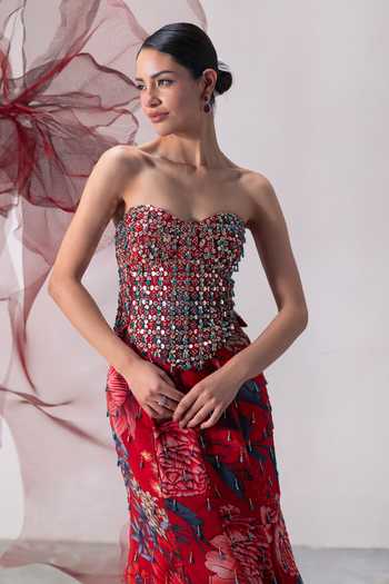Buy_Vesture_Red Silk, Organza, Taffeta Sequins, Beads, Jwala Print Fish Cut Skirt And Cape Set _Online_at_Aza_Fashions