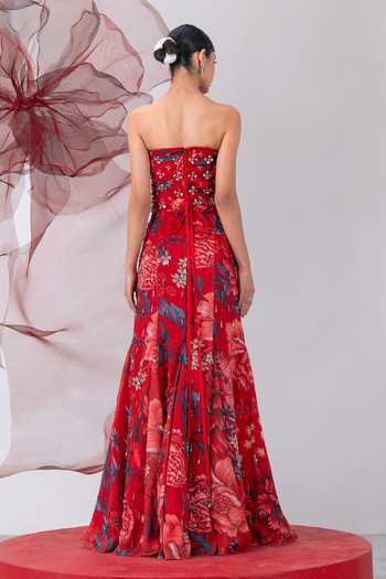 Vesture_Red Silk, Organza, Taffeta Sequins, Beads, Jwala Print Fish Cut Skirt And Cape Set _Online_at_Aza_Fashions
