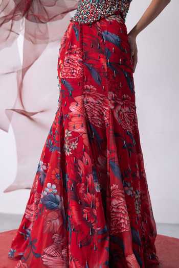 Shop_Vesture_Red Silk, Organza, Taffeta Sequins, Beads, Jwala Print Fish Cut Skirt And Cape Set _Online_at_Aza_Fashions