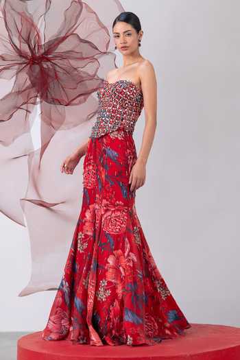 Vesture_Red Silk, Organza, Taffeta Sequins, Beads, Jwala Print Fish Cut Skirt And Cape Set _at_Aza_Fashions