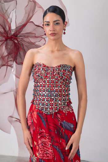 Buy_Vesture_Red Silk, Organza, Taffeta Sequins, Beads, Jwala Print Fish Cut Skirt And Cape Set 