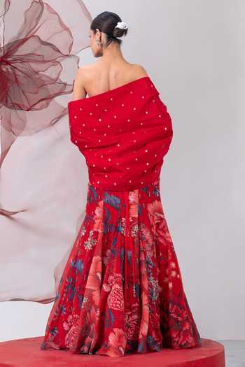 Shop_Vesture_Red Silk, Organza, Taffeta Sequins, Beads, Jwala Print Fish Cut Skirt And Cape Set 