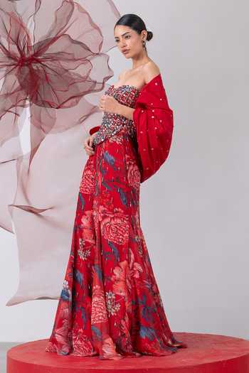Vesture_Red Silk, Organza, Taffeta Sequins, Beads, Jwala Print Fish Cut Skirt And Cape Set _Online