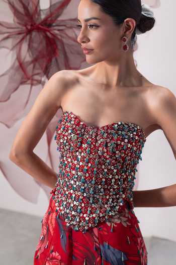 Buy_Vesture_Red Silk, Organza, Taffeta Sequins, Beads, Jwala Print Fish Cut Skirt And Cape Set _Online