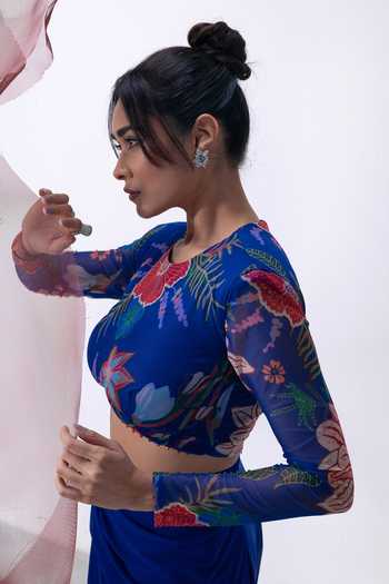 Buy_Vesture_Blue Lycra, Mesh Round Neck Leher Print Top And Draped Skirt Set _Online_at_Aza_Fashions