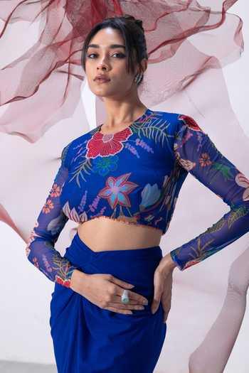 Shop_Vesture_Blue Lycra, Mesh Round Neck Leher Print Top And Draped Skirt Set _Online_at_Aza_Fashions