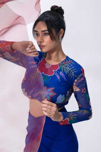 Vesture_Blue Lycra, Mesh Round Neck Leher Print Top And Draped Skirt Set _at_Aza_Fashions