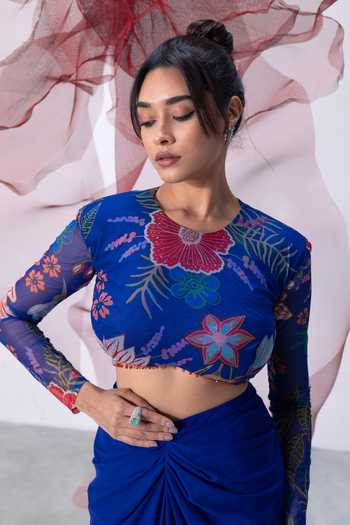 Buy_Vesture_Blue Lycra, Mesh Round Neck Leher Print Top And Draped Skirt Set 