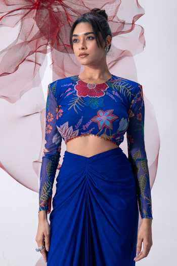 Vesture_Blue Lycra, Mesh Round Neck Leher Print Top And Draped Skirt Set _Online_at_Aza_Fashions