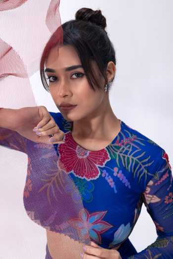 Shop_Vesture_Blue Lycra, Mesh Round Neck Leher Print Top And Draped Skirt Set 