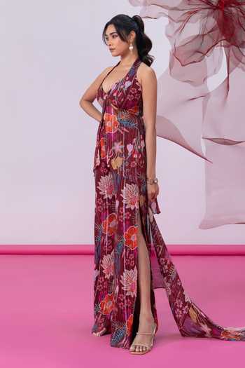 Buy_Vesture_Maroon Chiffon, Lurex Halter Neck, Yes Mahira Printed Kurta Slit Palazzo Set _Online_at_Aza_Fashions
