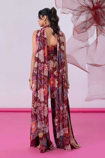 Vesture_Maroon Chiffon, Lurex Halter Neck, Yes Mahira Printed Kurta Slit Palazzo Set _Online_at_Aza_Fashions