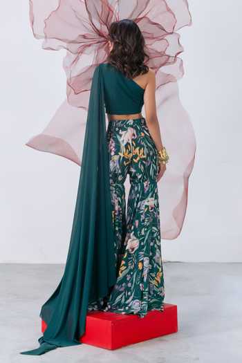 Vesture_Emerald Green Crepe, Mesh One Shoulder Nazaakat Draped Crop Top And Sharara Set _Online_at_Aza_Fashions