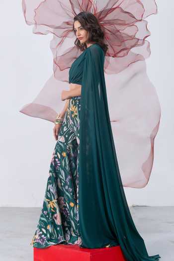 Buy_Vesture_Emerald Green Crepe, Mesh One Shoulder Nazaakat Draped Crop Top And Sharara Set _Online_at_Aza_Fashions