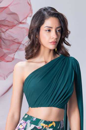Shop_Vesture_Emerald Green Crepe, Mesh One Shoulder Nazaakat Draped Crop Top And Sharara Set _Online_at_Aza_Fashions