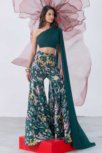 Vesture_Emerald Green Crepe, Mesh One Shoulder Nazaakat Draped Crop Top And Sharara Set _at_Aza_Fashions