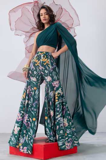 Buy_Vesture_Emerald Green Crepe, Mesh One Shoulder Nazaakat Draped Crop Top And Sharara Set 
