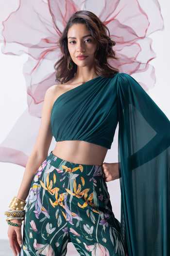 Shop_Vesture_Emerald Green Crepe, Mesh One Shoulder Nazaakat Draped Crop Top And Sharara Set 