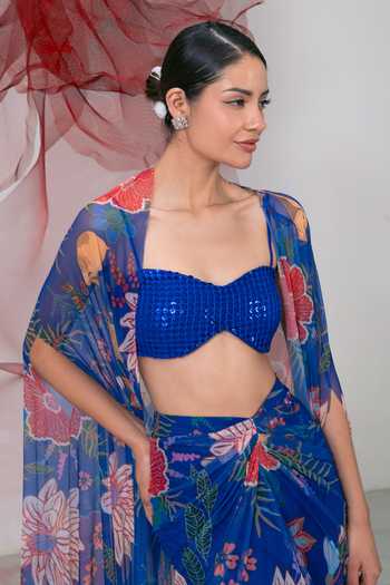 Buy_Vesture_Blue Lycra, Mesh Sequins Bandeau Neck Phooljadi Printed Draped Skirt And Cape Set _Online_at_Aza_Fashions