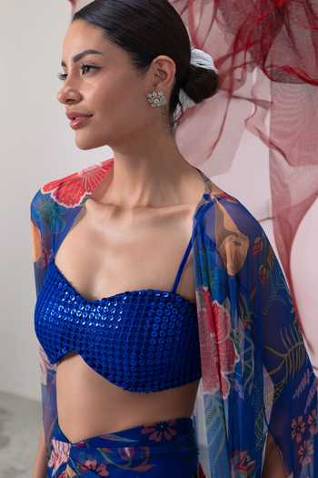 Shop_Vesture_Blue Lycra, Mesh Sequins Bandeau Neck Phooljadi Printed Draped Skirt And Cape Set _Online_at_Aza_Fashions