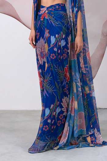 Vesture_Blue Lycra, Mesh Sequins Bandeau Neck Phooljadi Printed Draped Skirt And Cape Set _at_Aza_Fashions