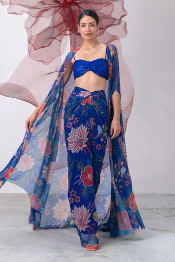 Buy_Vesture_Blue Lycra, Mesh Sequins Bandeau Neck Phooljadi Printed Draped Skirt And Cape Set _at_Aza_Fashions