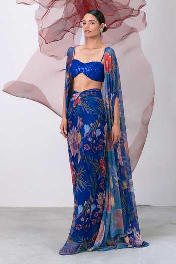 Buy_Vesture_Blue Lycra, Mesh Sequins Bandeau Neck Phooljadi Printed Draped Skirt And Cape Set 