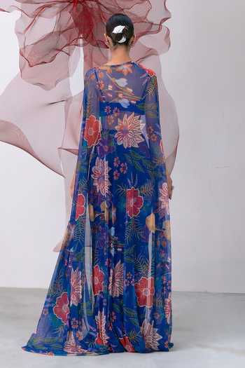Vesture_Blue Lycra, Mesh Sequins Bandeau Neck Phooljadi Printed Draped Skirt And Cape Set _Online_at_Aza_Fashions