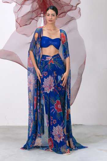 Shop_Vesture_Blue Lycra, Mesh Sequins Bandeau Neck Phooljadi Printed Draped Skirt And Cape Set 