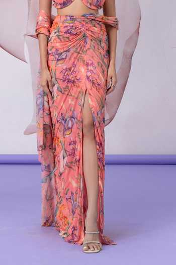 Buy_Vesture_Peach Mesh, Lycra Halter Neck Qaatil Printed Draped Skirt Set _Online_at_Aza_Fashions