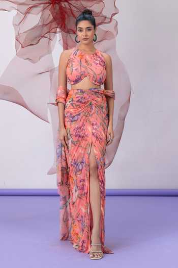 Buy_Vesture_Peach Mesh, Lycra Halter Neck Qaatil Printed Draped Skirt Set _at_Aza_Fashions