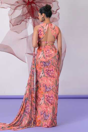 Vesture_Peach Mesh, Lycra Halter Neck Qaatil Printed Draped Skirt Set _Online_at_Aza_Fashions