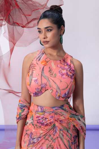 Shop_Vesture_Peach Mesh, Lycra Halter Neck Qaatil Printed Draped Skirt Set _Online_at_Aza_Fashions