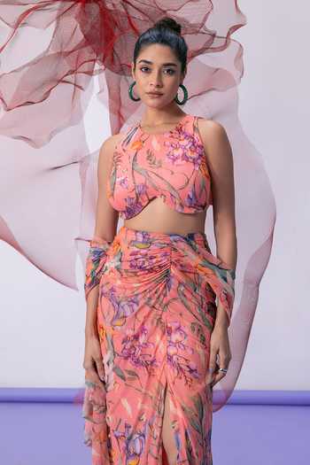 Vesture_Peach Mesh, Lycra Halter Neck Qaatil Printed Draped Skirt Set _at_Aza_Fashions