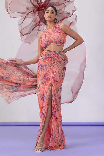 Buy_Vesture_Peach Mesh, Lycra Halter Neck Qaatil Printed Draped Skirt Set 