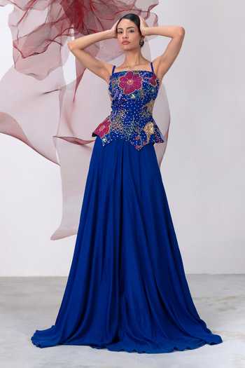 Buy_Vesture_Blue Organza, Crepe Embroidery, Beads Square Saaz Corset And Flared Skirt Set _at_Aza_Fashions