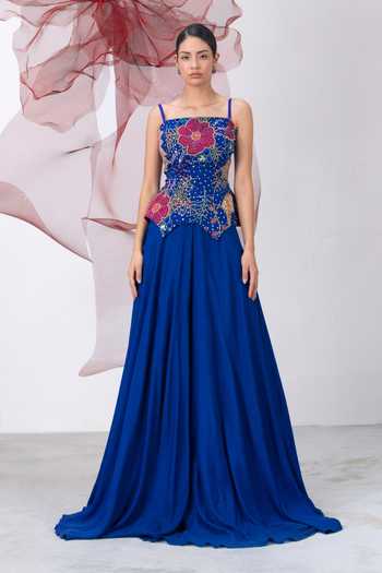 Buy_Vesture_Blue Organza, Crepe Embroidery, Beads Square Saaz Corset And Flared Skirt Set _Online_at_Aza_Fashions