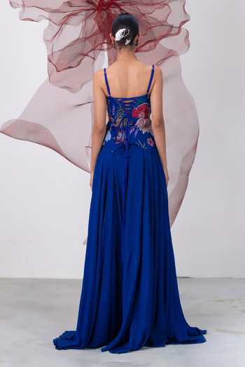 Vesture_Blue Organza, Crepe Embroidery, Beads Square Saaz Corset And Flared Skirt Set _Online_at_Aza_Fashions