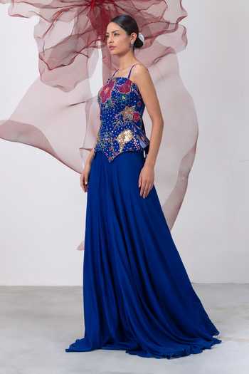 Shop_Vesture_Blue Organza, Crepe Embroidery, Beads Square Saaz Corset And Flared Skirt Set _Online_at_Aza_Fashions