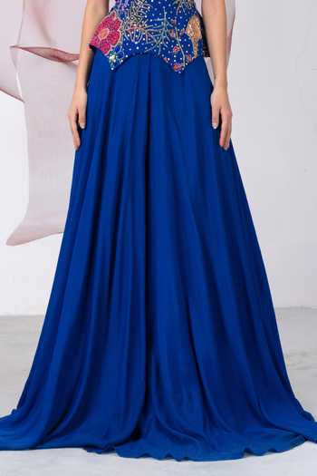Vesture_Blue Organza, Crepe Embroidery, Beads Square Saaz Corset And Flared Skirt Set _at_Aza_Fashions
