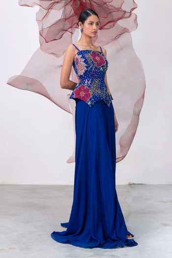 Buy_Vesture_Blue Organza, Crepe Embroidery, Beads Square Saaz Corset And Flared Skirt Set 