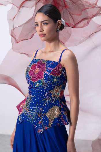 Shop_Vesture_Blue Organza, Crepe Embroidery, Beads Square Saaz Corset And Flared Skirt Set 