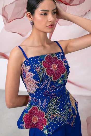 Vesture_Blue Organza, Crepe Embroidery, Beads Square Saaz Corset And Flared Skirt Set _Online