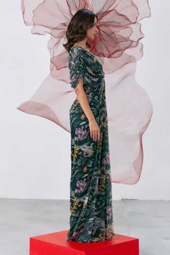 Buy_Vesture_Green Lycra, Mesh V-neck Sunehri Flowy Printed Gown _Online_at_Aza_Fashions