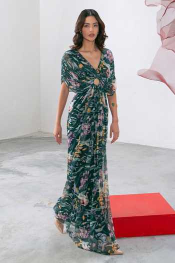 Shop_Vesture_Green Lycra, Mesh V-neck Sunehri Flowy Printed Gown _Online_at_Aza_Fashions