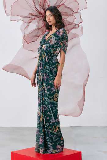 Vesture_Green Lycra, Mesh V-neck Sunehri Flowy Printed Gown _at_Aza_Fashions